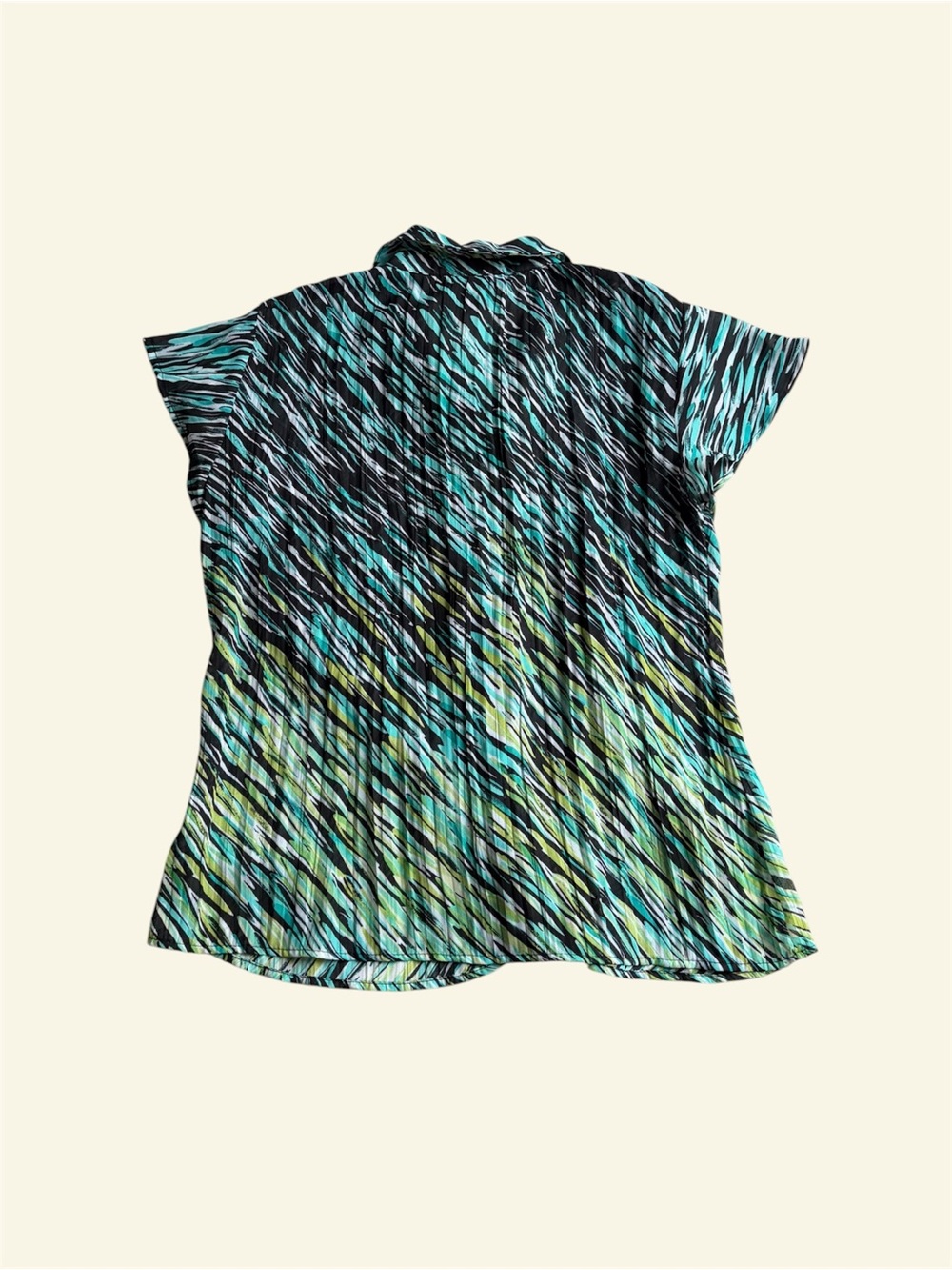 Style & Co Vintage Y2K Teal Green Abstract Ruffle V-Neck Pleated Blouse Size 14 - Picture 5 of 8